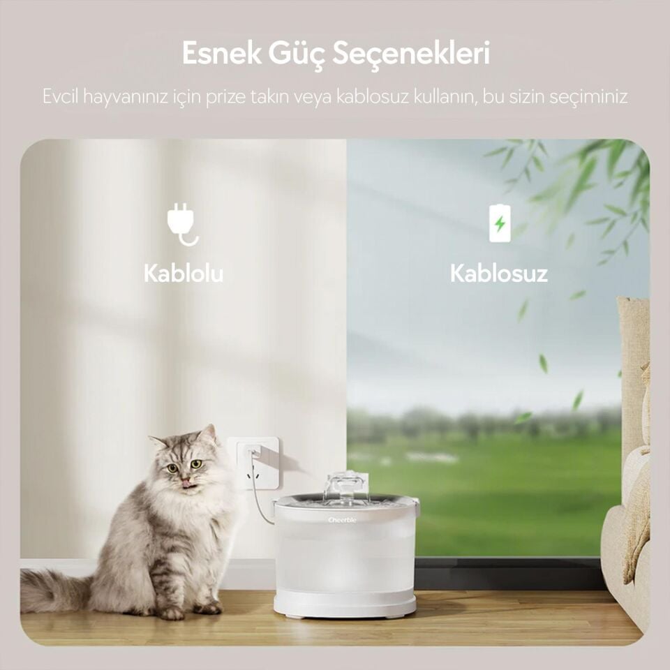Cheerble E1+ Çelik Hazneli Şarjlı Otomatik Kedi Su Pınarı 22 X 20 X 18, 2lt CDY02