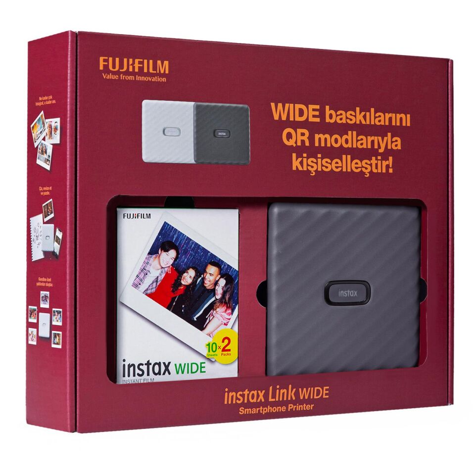 İnstax Wide Link Akıllı Telefon Yazıcısı Ve 20'li Film Bundle Box Gri