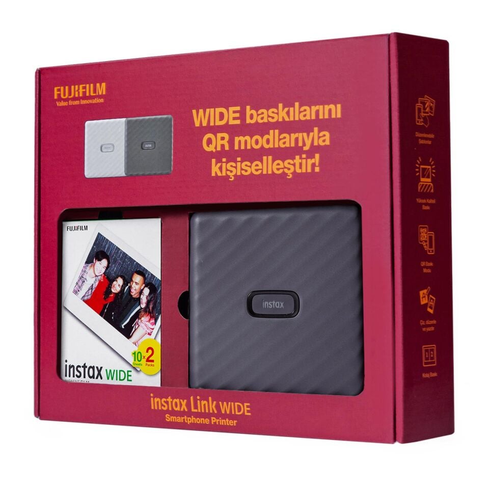 İnstax Wide Link Akıllı Telefon Yazıcısı Ve 20'li Film Bundle Box Gri