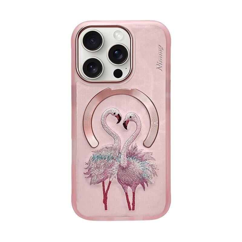 NIMMY iPhone 16 Pro Uyumlu  MagSafe Destekli 3D Gerçek Nakış İşlemeli Flamingo Desenli Kılıf