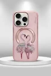 NIMMY iPhone 16 Pro Uyumlu  MagSafe Destekli 3D Gerçek Nakış İşlemeli Flamingo Desenli Kılıf