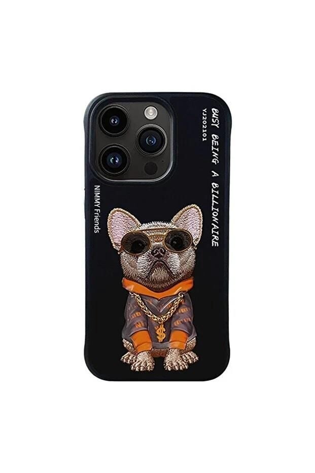 NIMMY iPhone 14 Pro Max Uyumlu  3D Gerçek Nakış İşlemeli Zincir ve Gözlük Detaylı Köpek Desenli Kılıf