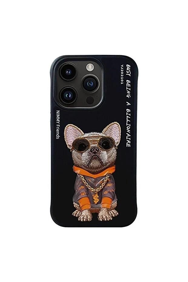 NIMMY iPhone 14 Pro Max Uyumlu  3D Gerçek Nakış İşlemeli Zincir ve Gözlük Detaylı Köpek Desenli Kılıf