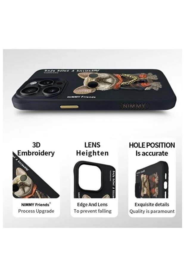 NIMMY iPhone 14 Pro Max Uyumlu  3D Gerçek Nakış İşlemeli Zincir ve Gözlük Detaylı Köpek Desenli Kılıf