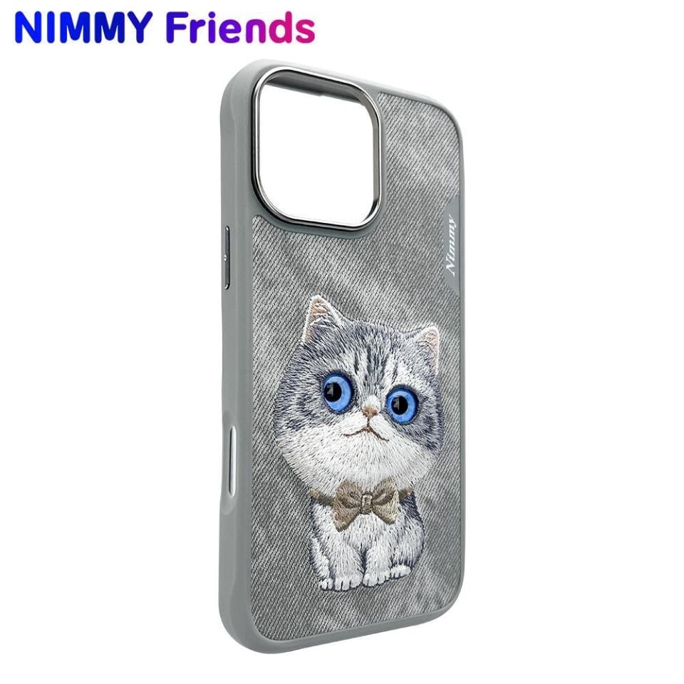 NIMMY iPhone 16 Uyumlu  3D Gerçek Nakış İşlemeli New Big Eyes Kedi Desenli Silikon Kılıf