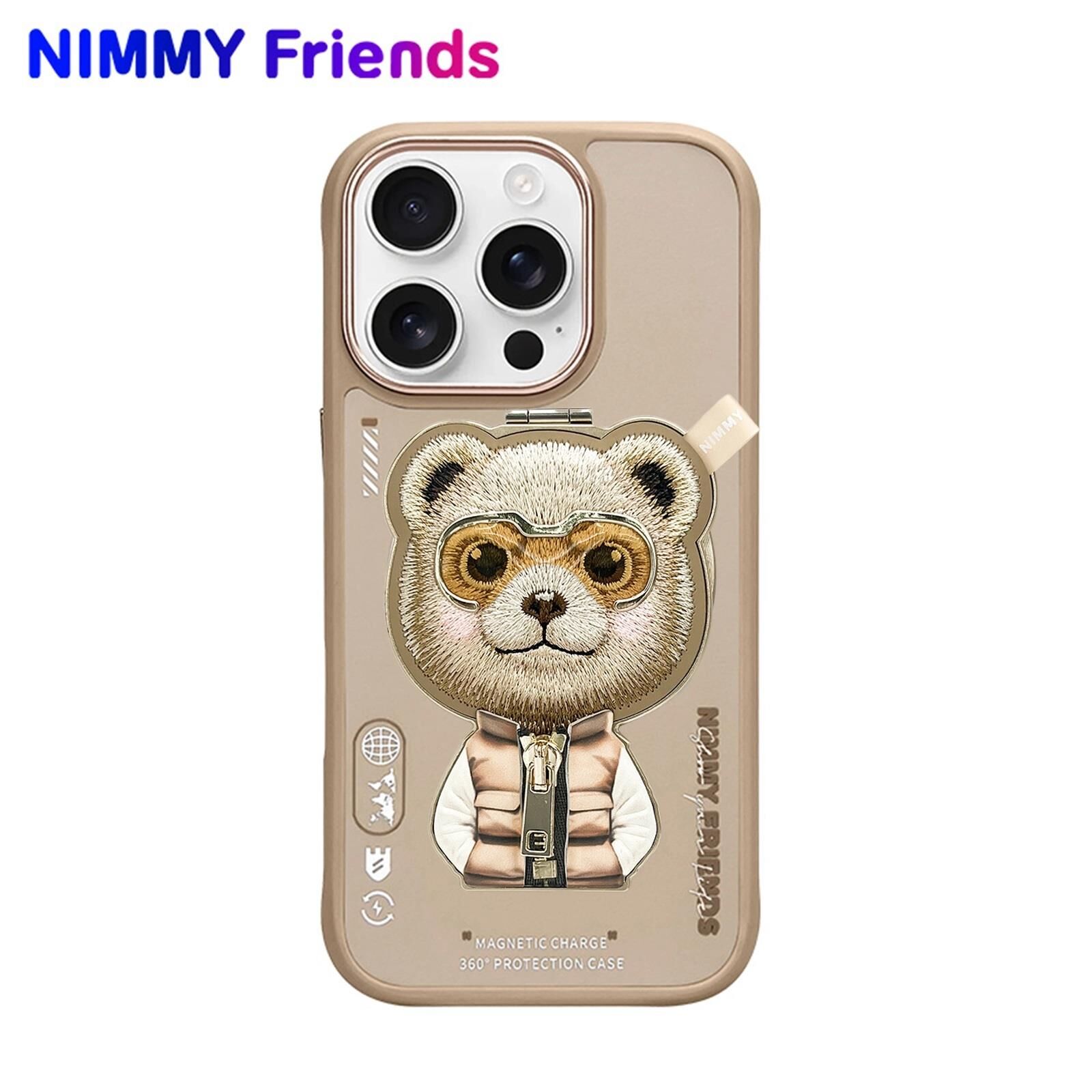 NIMMY iPhone 16 Pro Uyumlu 3D Değiştirilebilir MagSafe Standlı Nakışlı Fermuarlı Ayıcık Aksesuar Kılıf