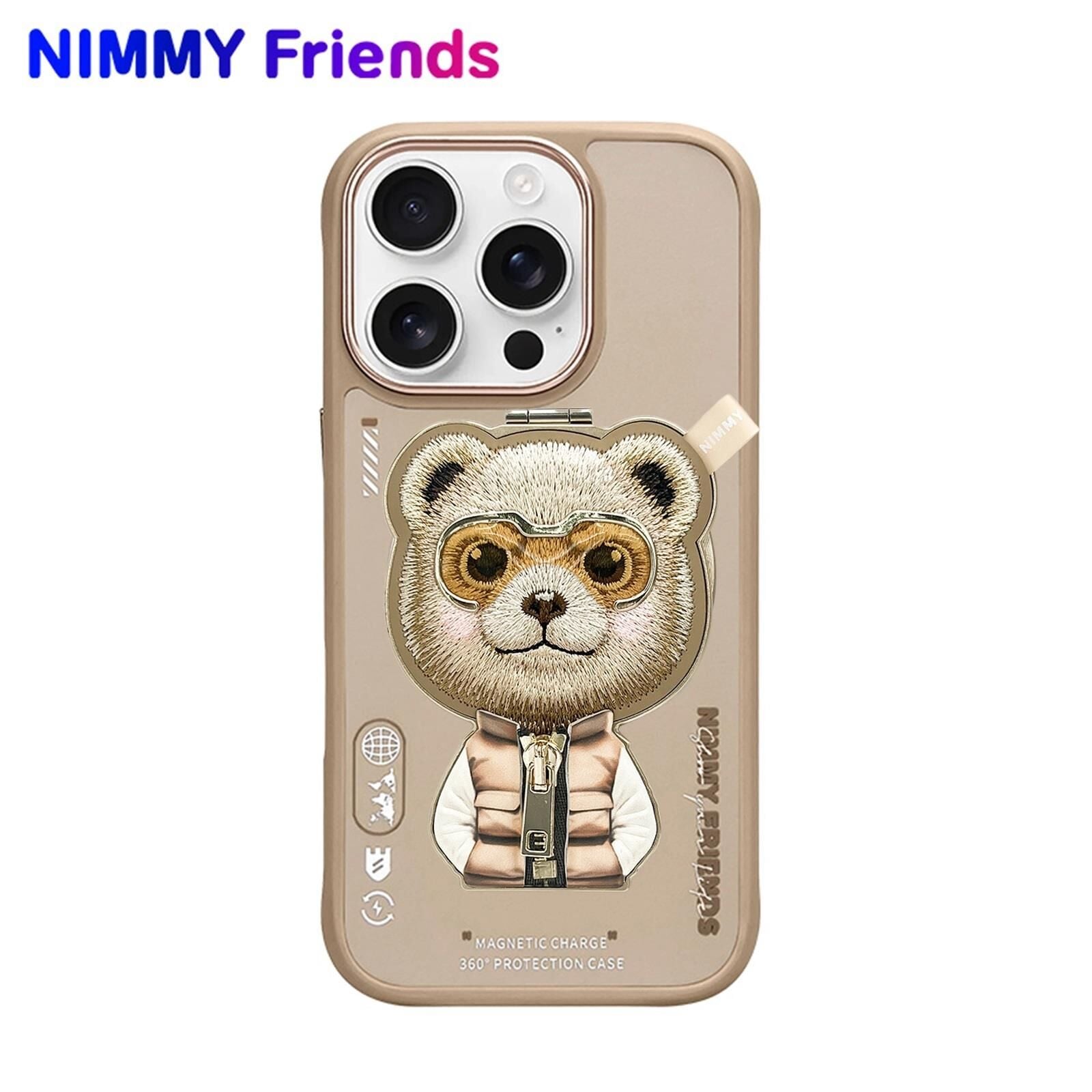 NIMMY iPhone 16 Pro Uyumlu 3D Değiştirilebilir MagSafe Standlı Nakışlı Fermuarlı Ayıcık Aksesuar Kılıf