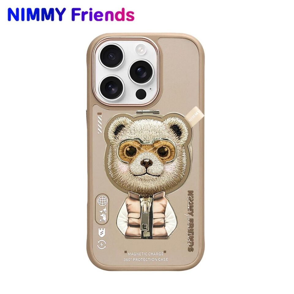 NIMMY iPhone 16 Pro Uyumlu 3D Değiştirilebilir MagSafe Standlı Nakışlı Fermuarlı Ayıcık Aksesuar Kılıf