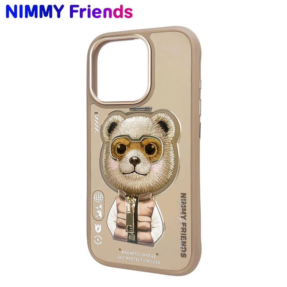 NIMMY iPhone 16 Pro Uyumlu 3D Değiştirilebilir MagSafe Standlı Nakışlı Fermuarlı Ayıcık Aksesuar Kılıf