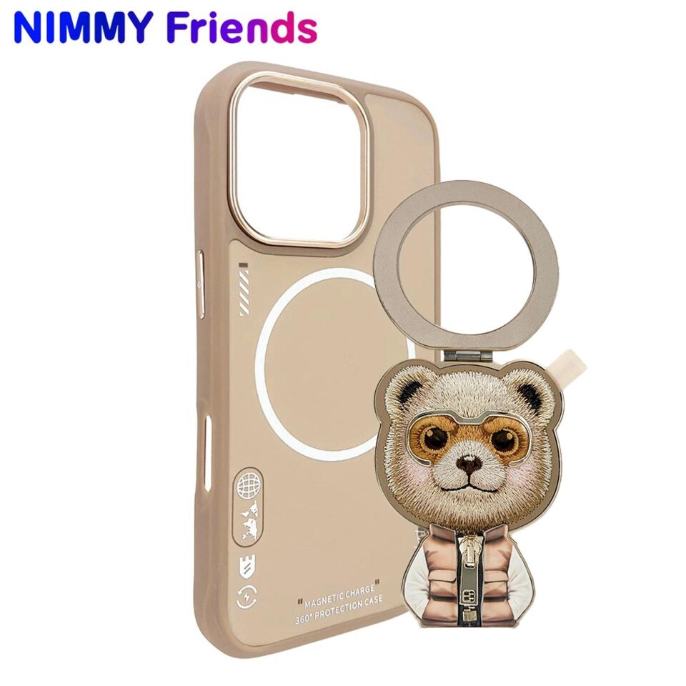 NIMMY iPhone 16 Pro Uyumlu 3D Değiştirilebilir MagSafe Standlı Nakışlı Fermuarlı Ayıcık Aksesuar Kılıf