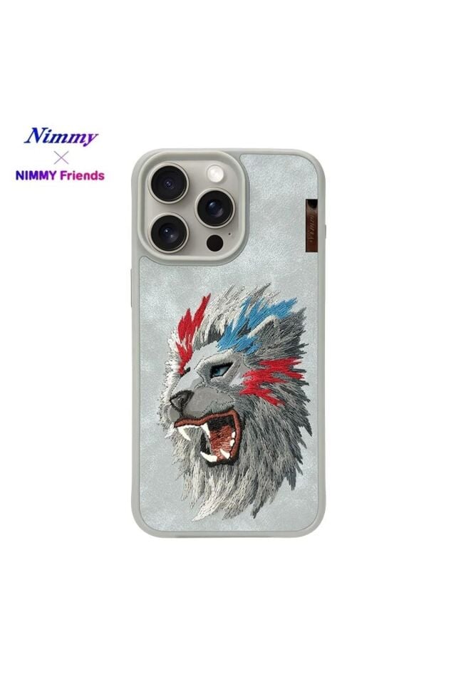 NIMMY iPhone 15 Pro Max Uyumlu  3D Süet Gerçek Nakış İşlemeli Aslan Desenli Raptor Series Kılıf