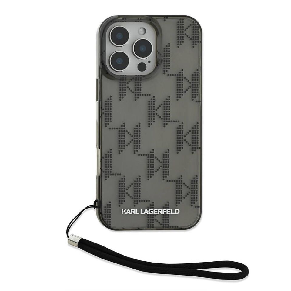 Apple iPhone 16 Pro Kılıf Karl Lagerfeld Orijinal Lisanslı KL Desenli Saydam Bilek Askı İpli Klasik Logolu Kapak