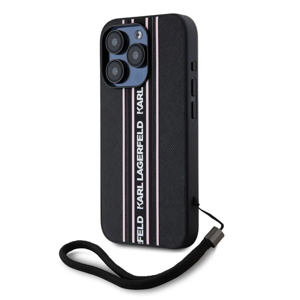 Apple iPhone 16 Pro Max Kılıf Karl Lagerfeld Orijinal Lisanslı Askılı Saffiano Athleisure Şerit Çizgili Kapak