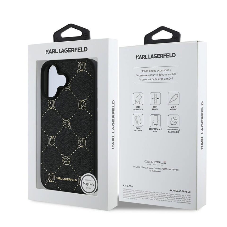 Apple iPhone 16 Kılıf Karl Lagerfeld Orijinal Lisanslı Magsafe Şarj Özellikli PU Deri Karl Heads Desenli Klasik Logolu Kapak