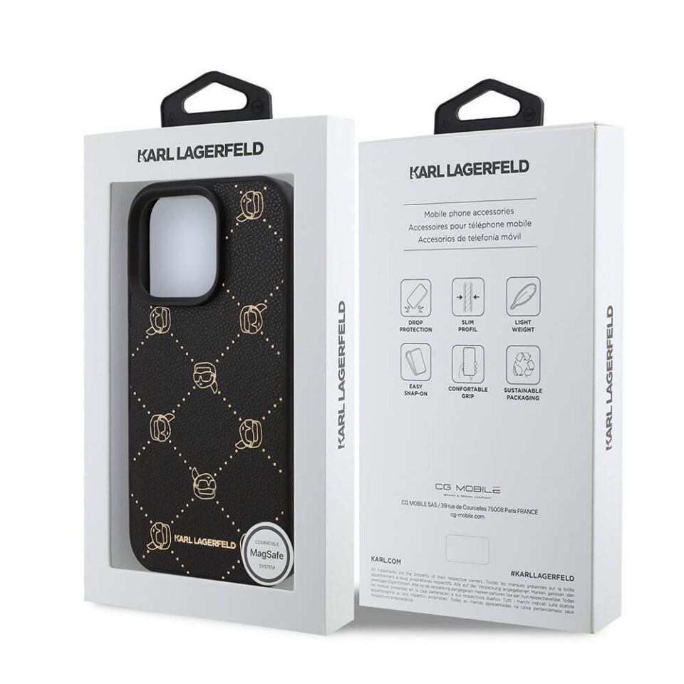 Apple iPhone 16 Pro Kılıf Karl Lagerfeld Orijinal Lisanslı Magsafe Şarj Özellikli PU Deri Karl Heads Desenli Klasik Logolu Kapak