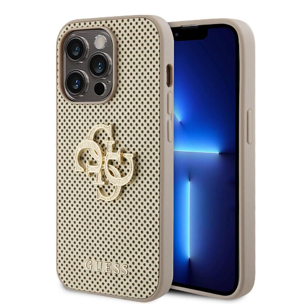 Apple iPhone 15 Pro Max Kılıf Guess Orijinal Lisanslı Delikli Yazı ve 4G Glitter Büyük Metal Logolu Kapak