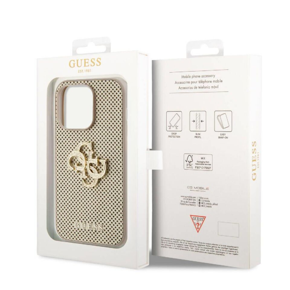 Apple iPhone 15 Pro Max Kılıf Guess Orijinal Lisanslı Delikli Yazı ve 4G Glitter Büyük Metal Logolu Kapak