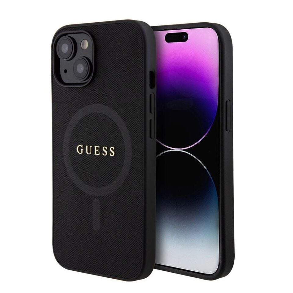 Apple iPhone 15 Kılıf Guess Orijinal Lisanslı Magsafe Şarj Özellikli Yazı Logolu Saffiano Kapak