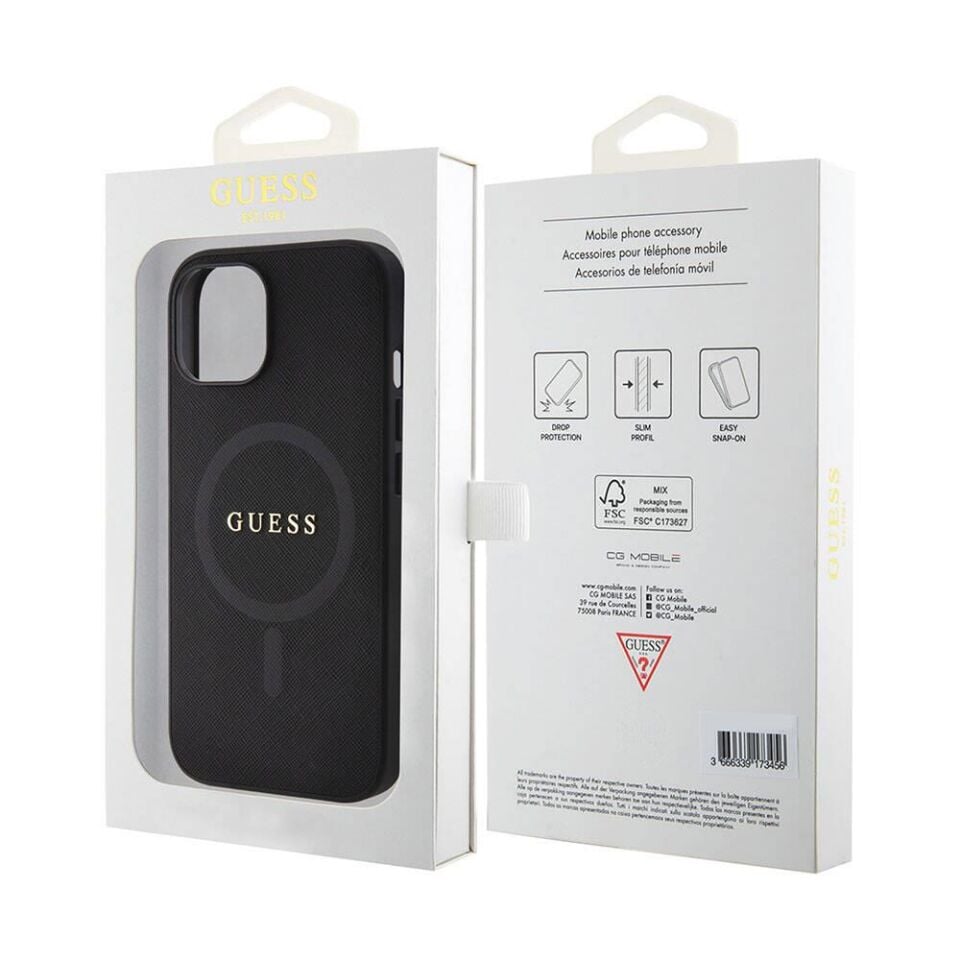 Apple iPhone 15 Kılıf Guess Orijinal Lisanslı Magsafe Şarj Özellikli Yazı Logolu Saffiano Kapak