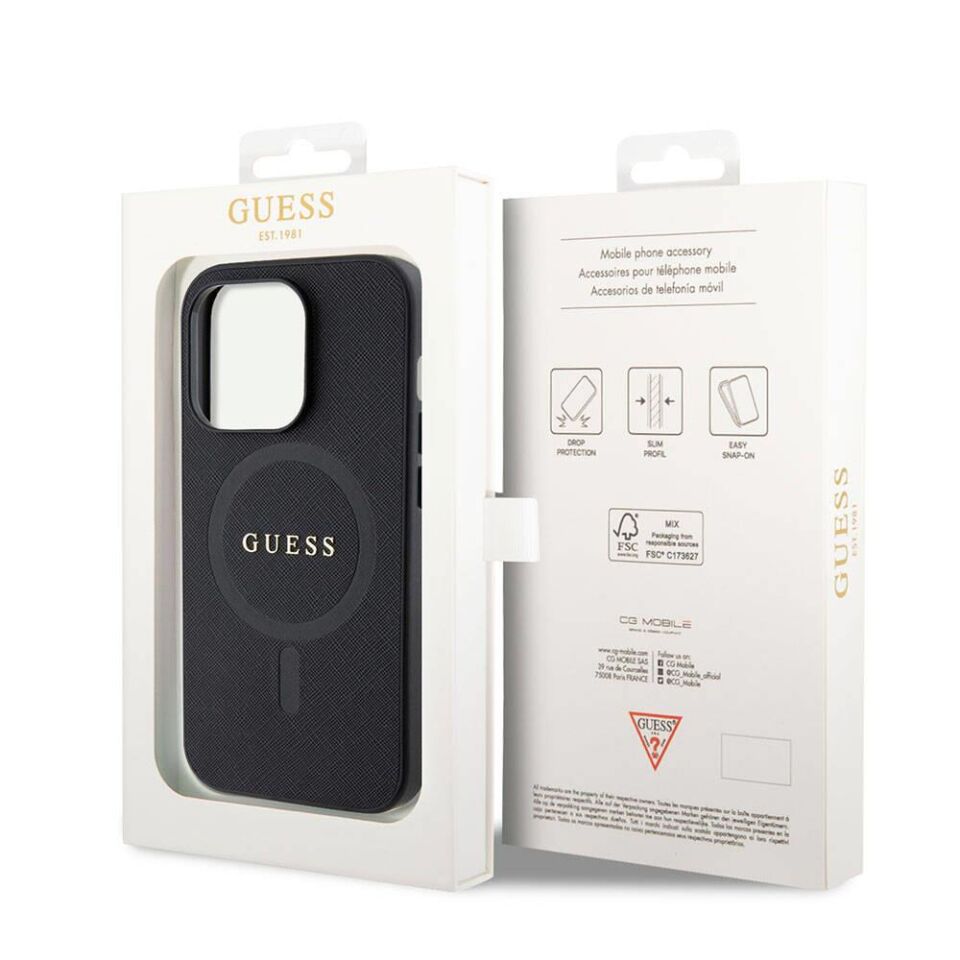 Apple iPhone 15 Pro Kılıf Guess Orijinal Lisanslı Magsafe Şarj Özellikli Yazı Logolu Saffiano Kapak