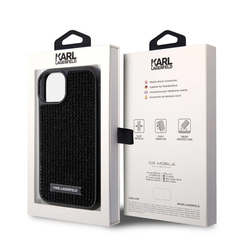 Apple iPhone 15 Kılıf Karl Lagerfeld Taşlı Metal Logo Orijinal Lisanslı Kapak