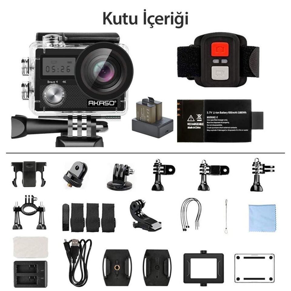Akaso Brave 4 Pro Dual Screens 4K 30Fps Wi-Fi Aksiyon Kamera ve Aksesuar Seti