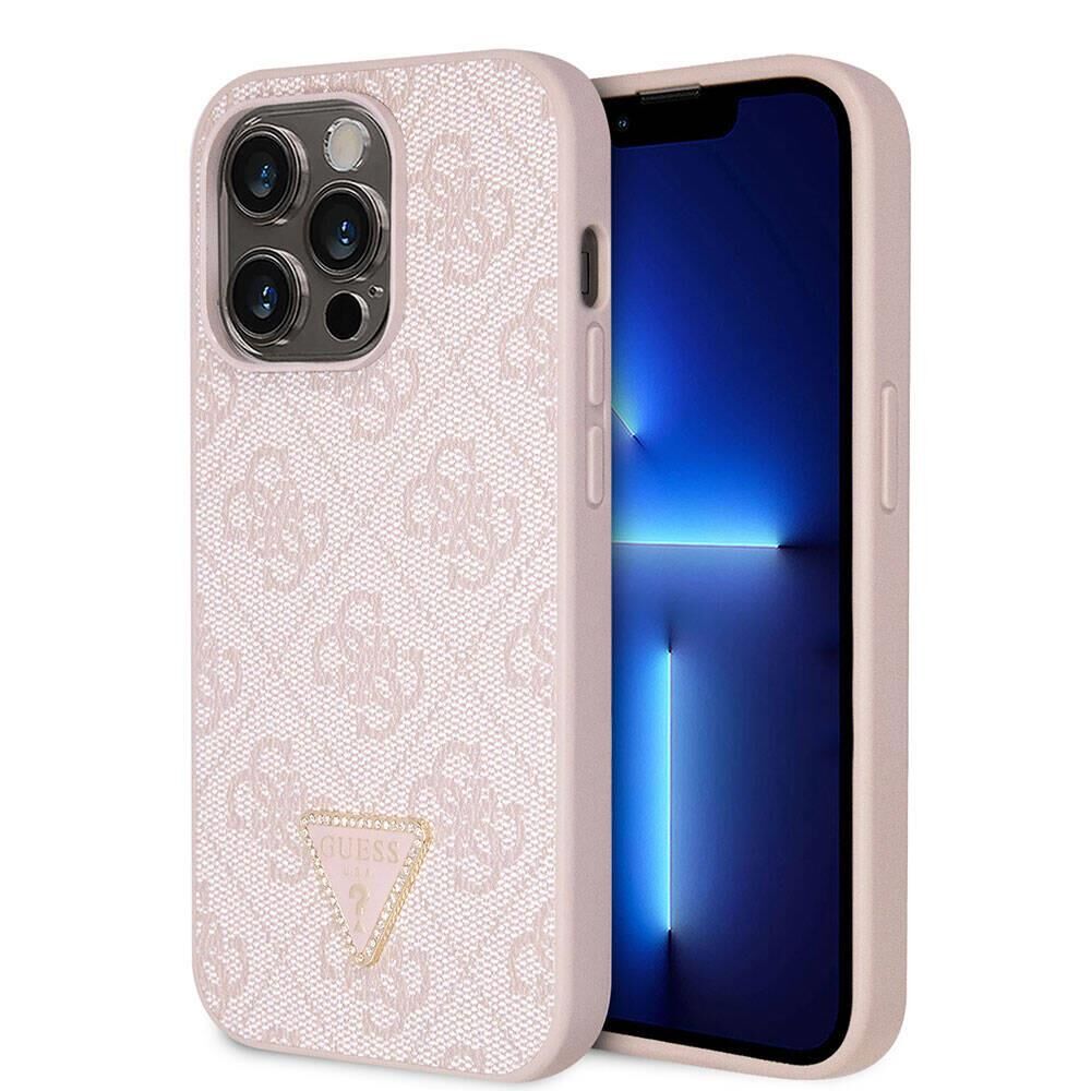 Apple iPhone 14 Pro Max Kılıf Guess Orijinal Lisanslı PU Deri Taşlı Üçgen Logo 4G Desenli Kapak