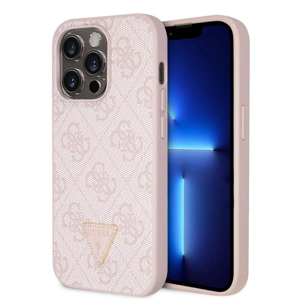 Apple iPhone 14 Pro Max Kılıf Guess Orijinal Lisanslı PU Deri Taşlı Üçgen Logo 4G Desenli Kapak