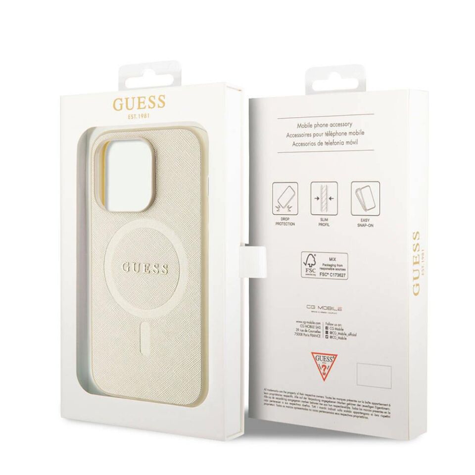 Apple iPhone 15 Pro Kılıf Guess Orijinal Lisanslı Magsafe Şarj Özellikli Yazı Logolu Saffiano Kapak