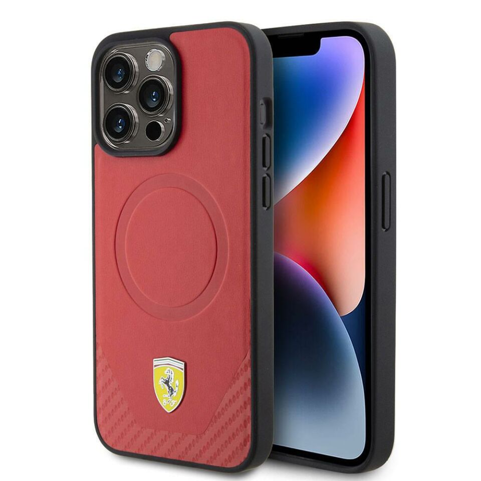 Apple iPhone 15 Pro Max Kılıf Ferrari Orijinal Lisanslı Magsafe Şarj Özellikli Metal Logolu PU Karbon Kapak