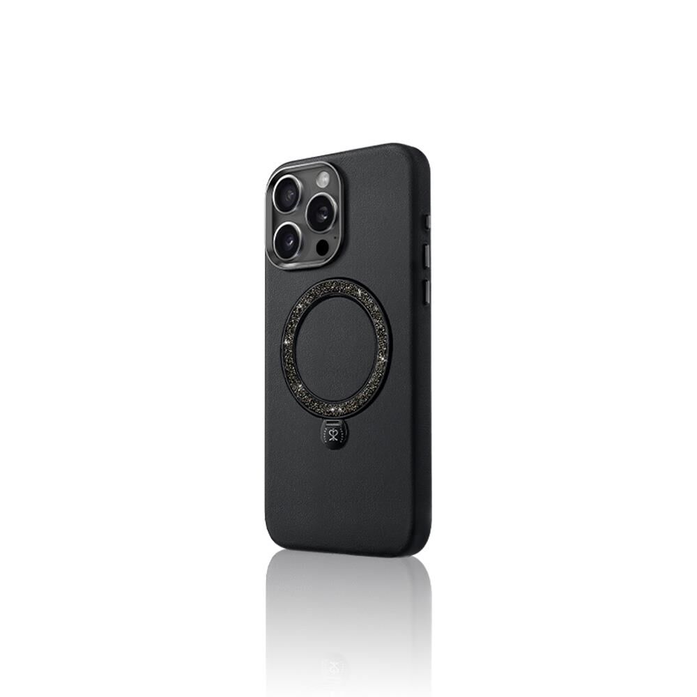 Apple iPhone 16 Pro Kılıf Magsafe Şarj Özellikli Standlı Suni Deri Tasarımlı Pynana Dancing Circle Serisi Kapak - Siyah