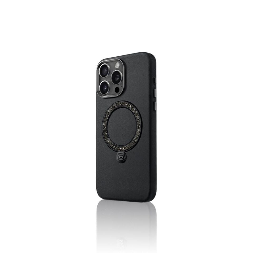 Apple iPhone 16 Pro Kılıf Magsafe Şarj Özellikli Standlı Suni Deri Tasarımlı Pynana Dancing Circle Serisi Kapak - Siyah