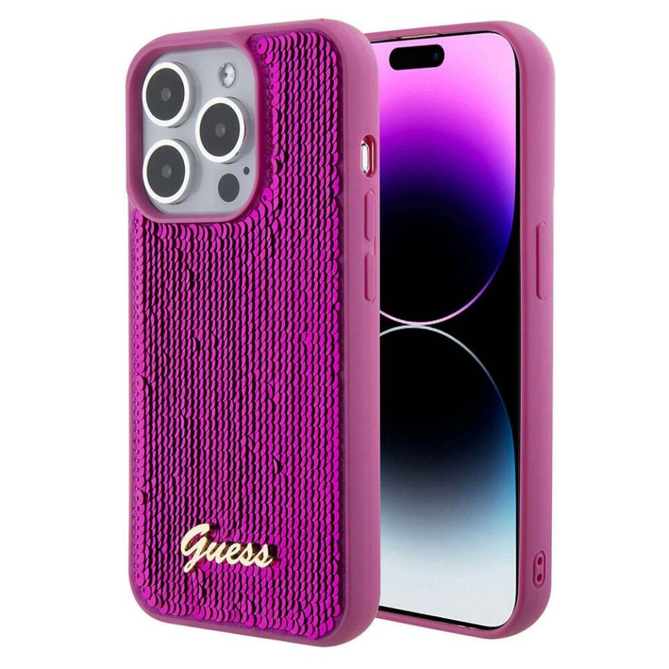 Apple iPhone 15 Pro Max Kılıf Guess Orijinal Lisanslı Pullu Arka Yüzey Metal Yazı Logolu Sequin Script Kapak - Fuşya