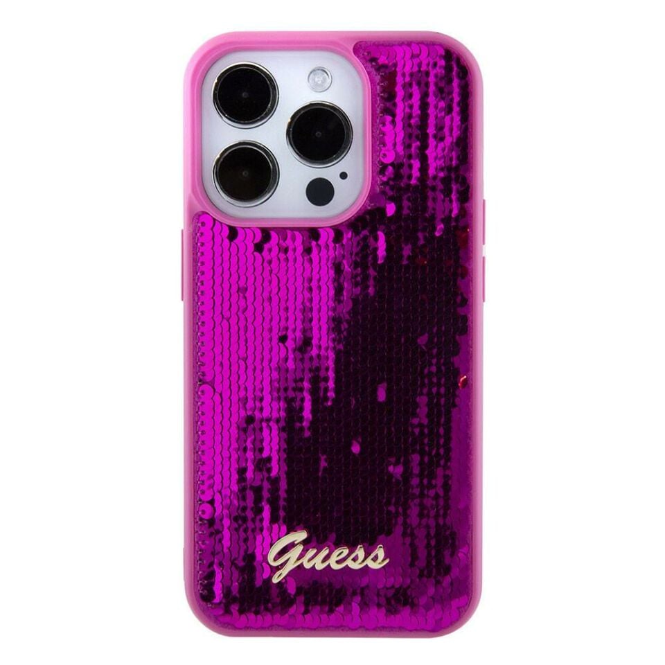 Apple iPhone 15 Pro Max Kılıf Guess Orijinal Lisanslı Pullu Arka Yüzey Metal Yazı Logolu Sequin Script Kapak - Fuşya