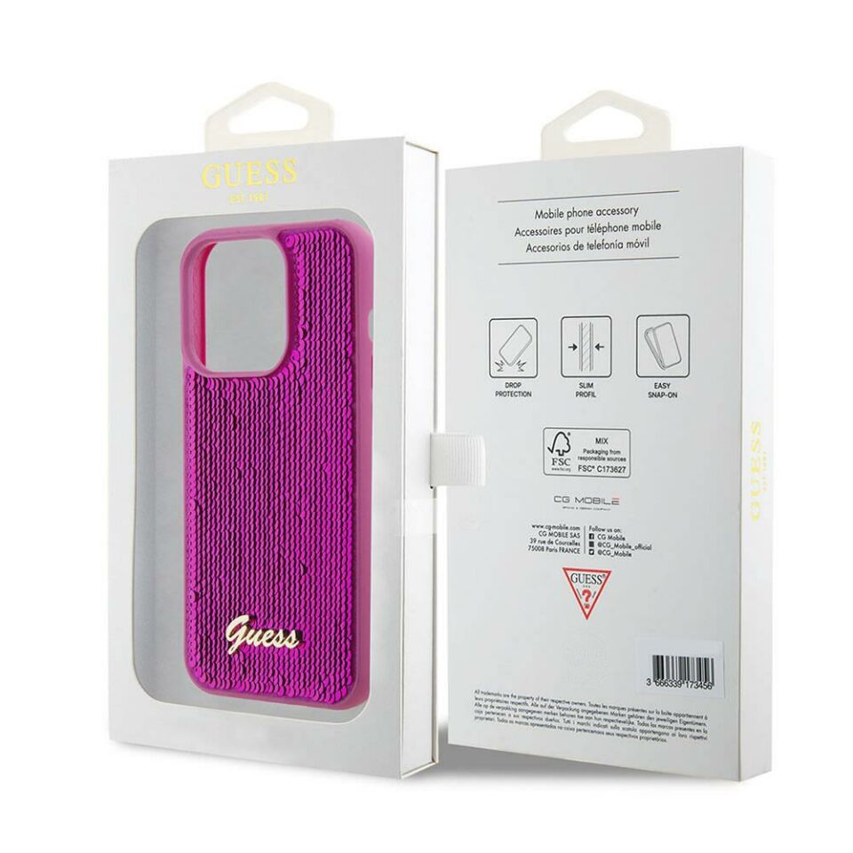 Apple iPhone 15 Pro Max Kılıf Guess Orijinal Lisanslı Pullu Arka Yüzey Metal Yazı Logolu Sequin Script Kapak - Fuşya