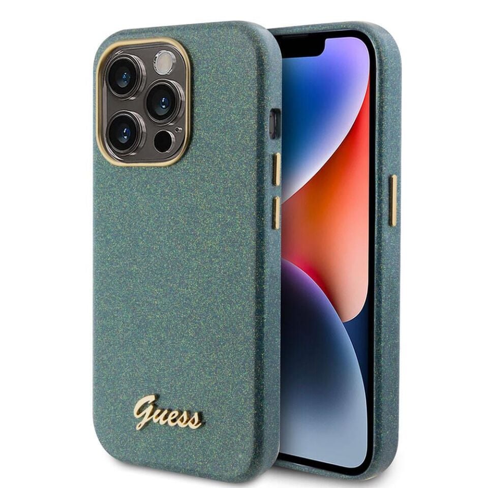 Apple iPhone 15 Pro Kılıf Guess Orjinal Lisanslı Yazı Logolu Glitter Glossy Script Kapak - Yeşil