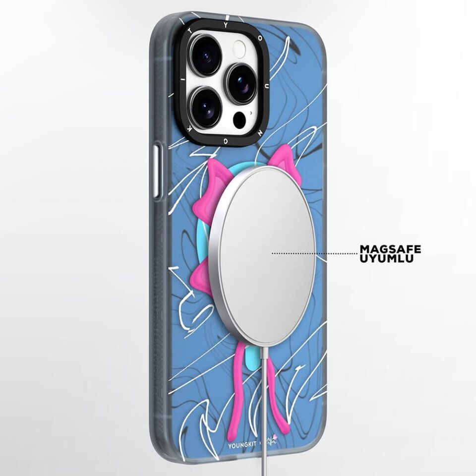 Apple iPhone 14 Pro Max Kılıf Magsafe Şarj Özellikli Youngkit Anti-Trend Serisi Kapak - Mavi Pembe