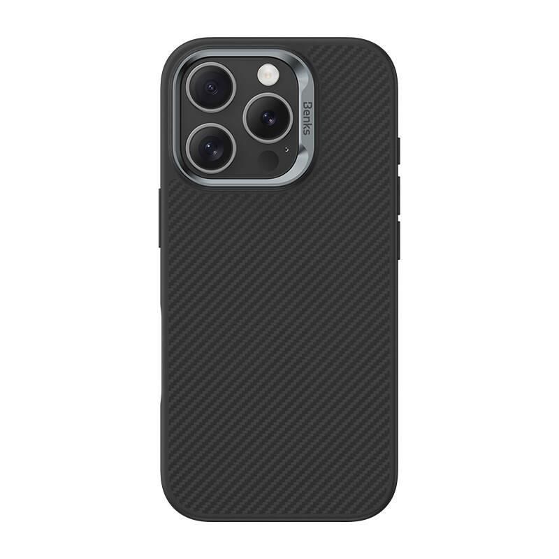 Apple iPhone 16 Pro Kılıf Karbon Fiber Magsafe Şarj Özellikli Benks Hybrid ArmorPro 600D Kevlar Kapak - Siyah