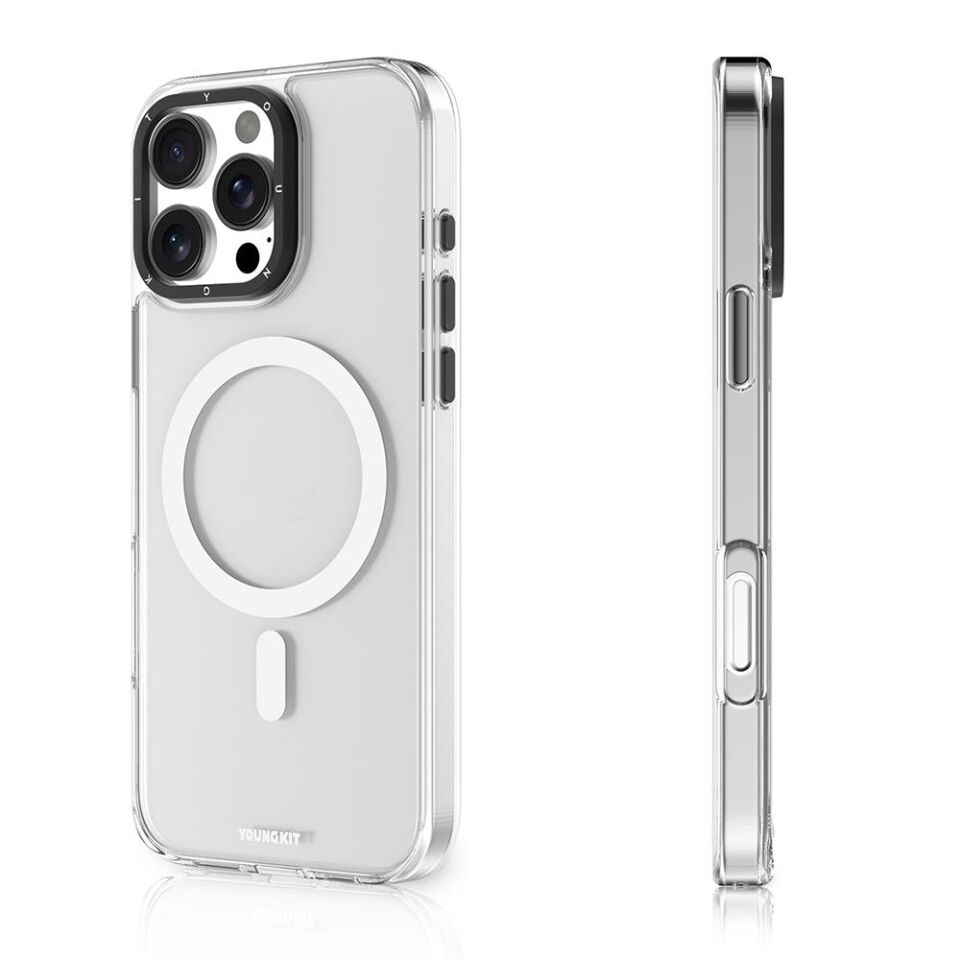 Apple iPhone 16 Pro Kılıf Magsafe Şarj Özellikli Cam Arka Yüzey TPU Youngkit Gemstone Serisi Kapak - Şeffaf
