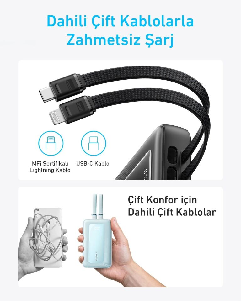 Anker Zolo Powerbank 10K 30W Dahili USB-C+Lightning Kablo Siyah