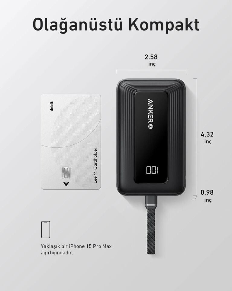 Anker Zolo Powerbank 10K 30W Dahili USB-C Kablo