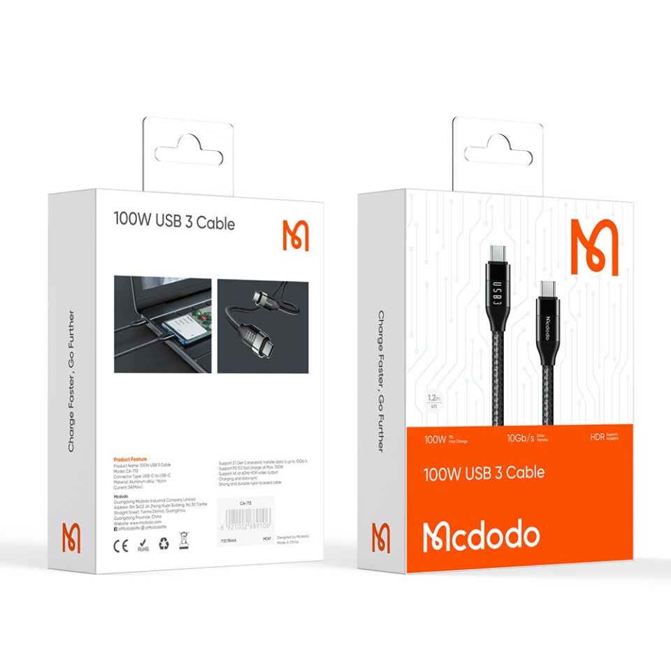 Mcdodo Ca-7132 Type-C To Type-C Usb 3 100W Data Aktarım Ve Şarj Kablosu 1.2 M - Siyah