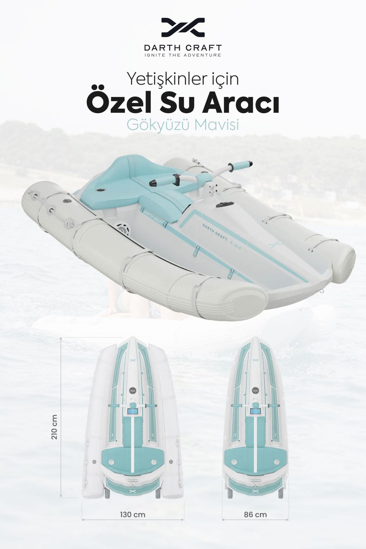 Darth Craft E-210 Katlanabilir Elektrikli Şişme Bot / Su Aracı - Çift Kişilik, Karavan Uyumlu Turkuaz
