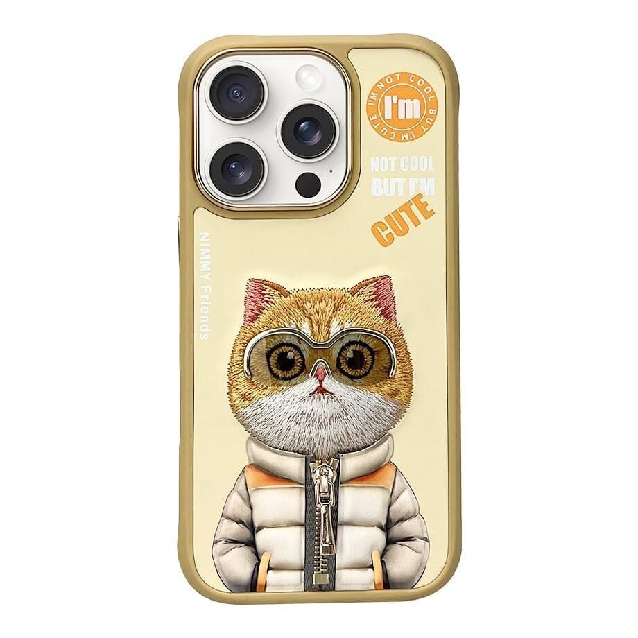 NIMMY Friends 16 Pro Max 3D Nakış İşlemeli Kedi Desenli Gözlük Ve Fermuar Detaylı    Kılıf Gold