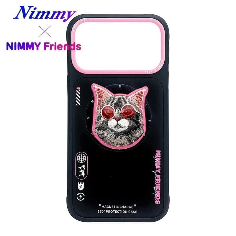 NIMMY Friends 17 Pro 3D Nakış İşlemeli Kedi Desen Detaylı  Değiştirilebilir 3D Socket Aparatlı MagSafe Kılıf Siyah
