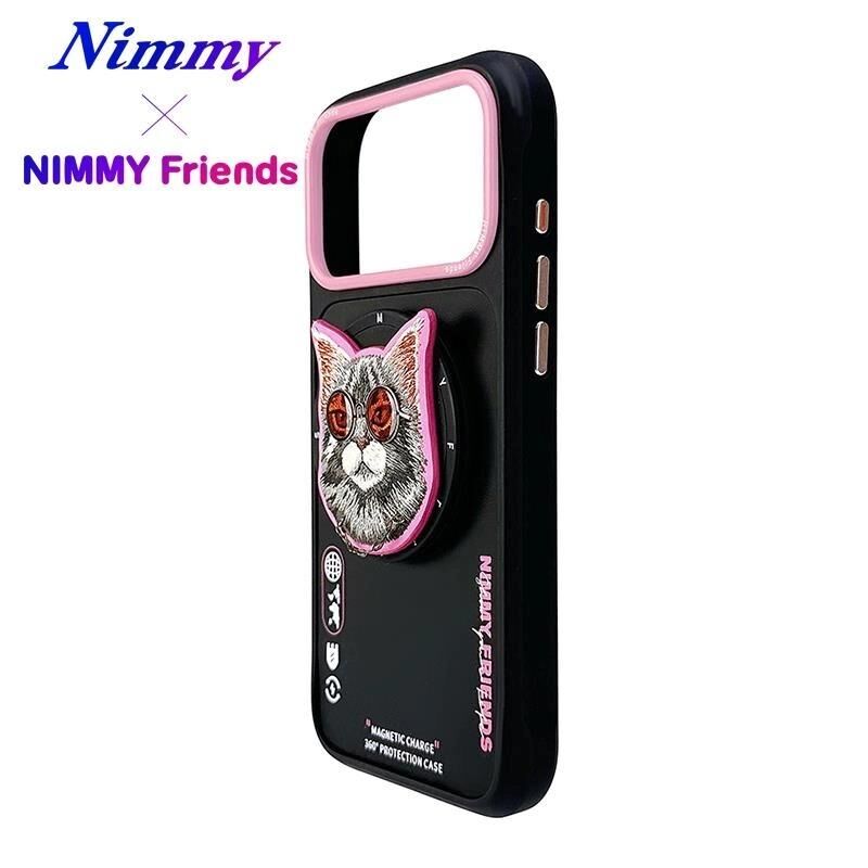 NIMMY Friends 17 Pro 3D Nakış İşlemeli Kedi Desen Detaylı  Değiştirilebilir 3D Socket Aparatlı MagSafe Kılıf Siyah