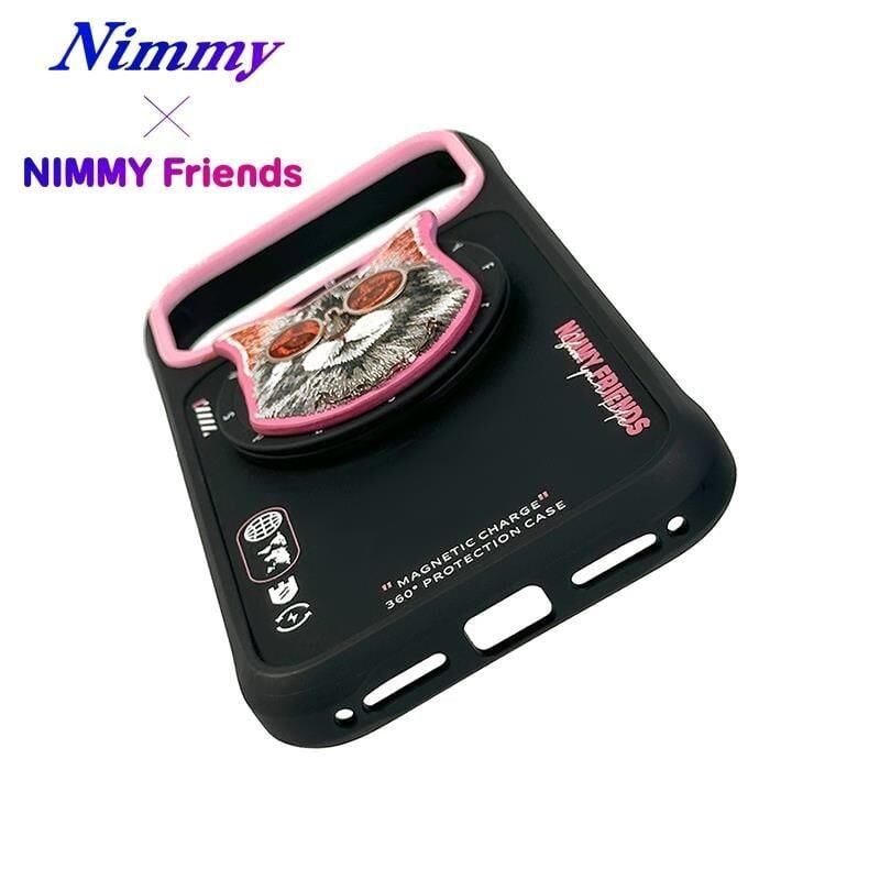 NIMMY Friends 17 Pro 3D Nakış İşlemeli Kedi Desen Detaylı  Değiştirilebilir 3D Socket Aparatlı MagSafe Kılıf Siyah