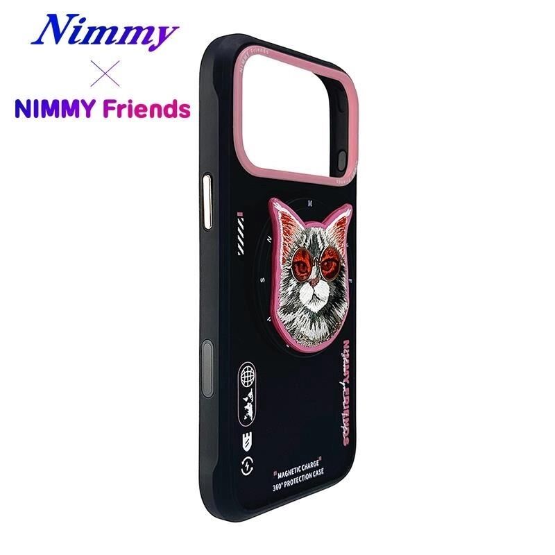 NIMMY Friends 17 Pro 3D Nakış İşlemeli Kedi Desen Detaylı  Değiştirilebilir 3D Socket Aparatlı MagSafe Kılıf Siyah