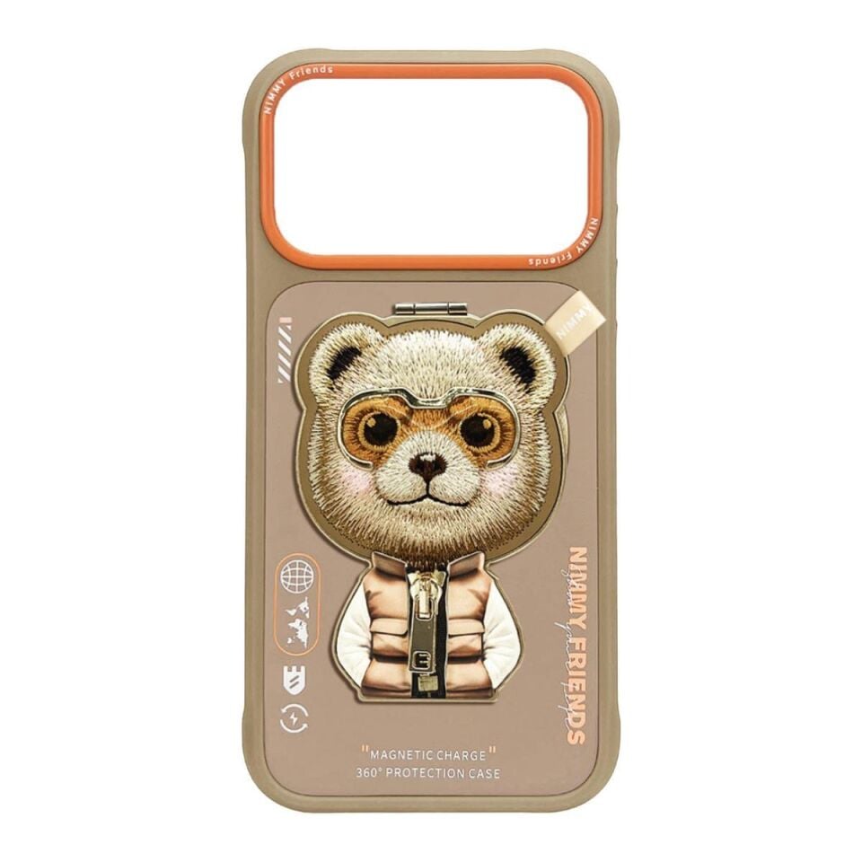 NIMMY Friends 17 Pro 3D Nakış İşlemeli Ayıcık Desenli Gözlük Ve Fermuar Detaylı  Değiştirilebilir 3D Socket Aparatlı MagSafe Kılıf Desert