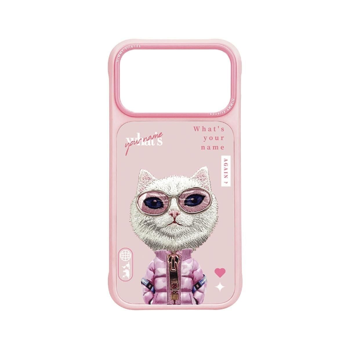 NIMMY Friends 17 Pro Max 3D Nakış İşlemeli Kedi  Desenli Gözlük Ve Fermuar Detaylı    Kılıf Pembe